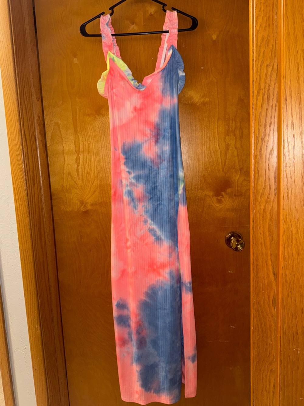 Tie-Dye Ribbed Maxi Dress in Coral, Blue & Lime